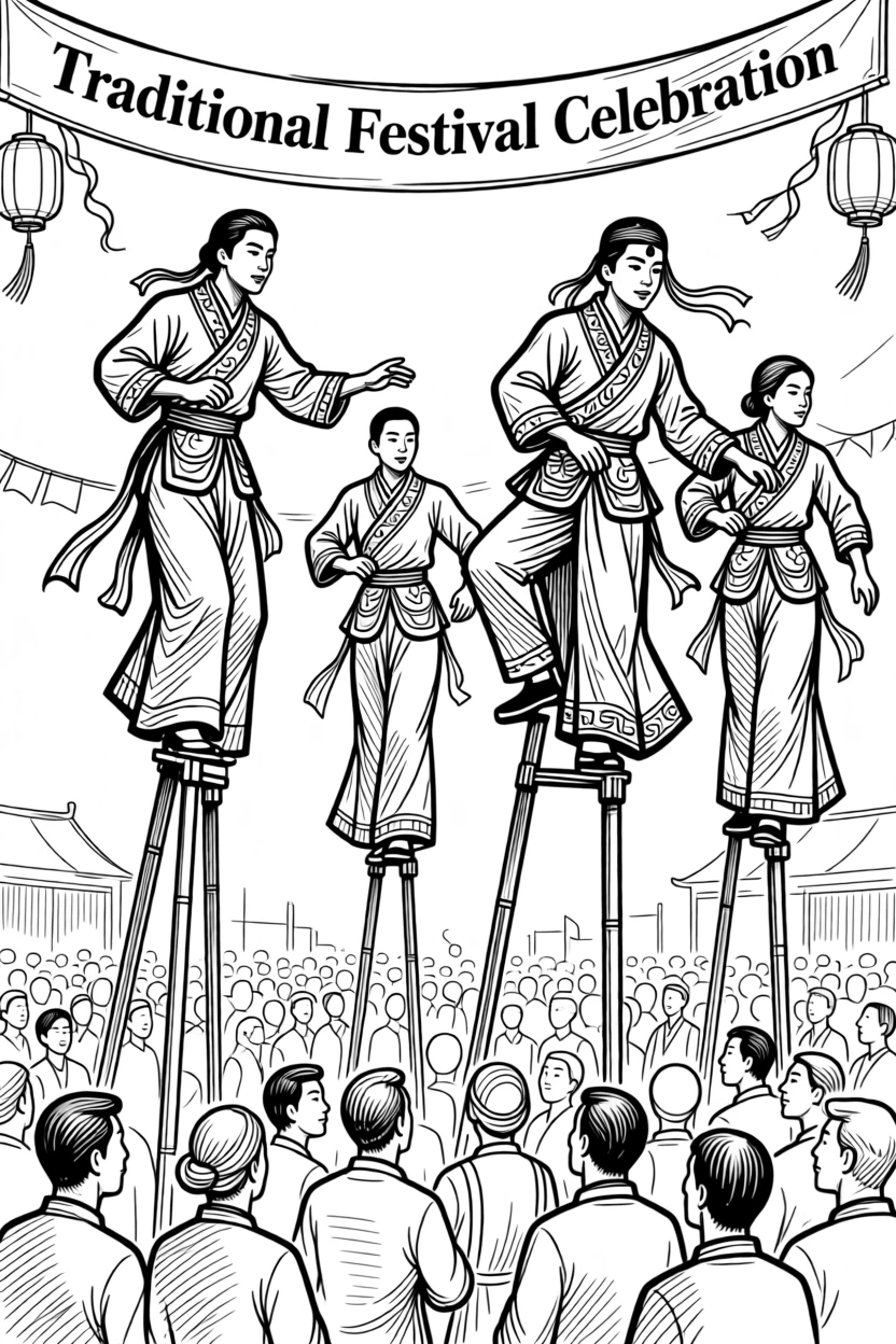 A colorful traditional festival with performers balancing on stilts through the crowd.