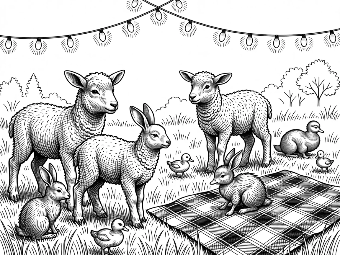 A spring meadow filled with baby animals beneath strings of warm glowing lights, with a plaid blanket spread nearby, capturing a warmly festive seasonal moment.