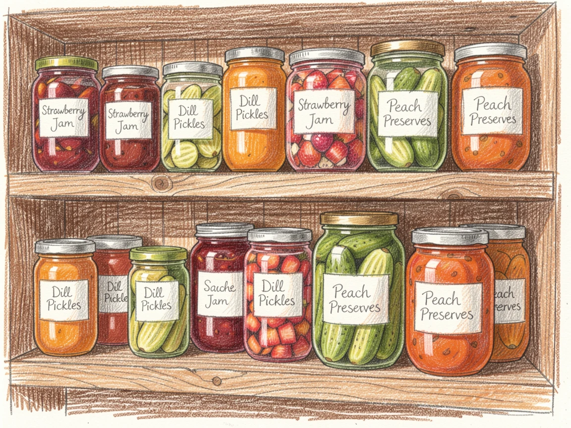 A rustic pantry shelf lined with jars of preserves and pickles, with delicate details that reward a closer look, radiating comfort, joy, and quiet beauty.