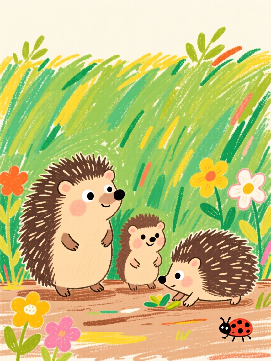 A family of hedgehogs foraging beneath a garden hedge.