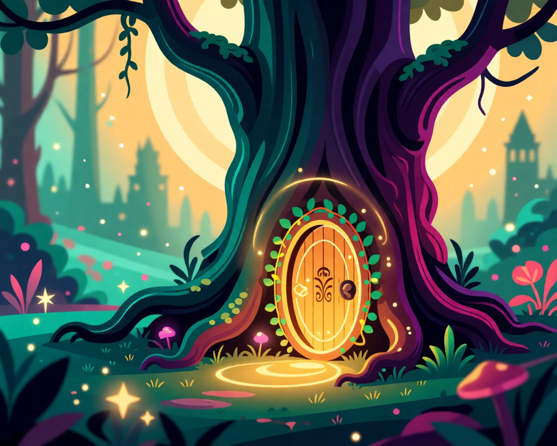 A hidden fairy door glowing at the base of an ancient tree, set within a mystical kingdom shrouded in soft golden light, arranged with soft glowing light radiating from the center, with rich jewel tones that evoke wonder and imagination.