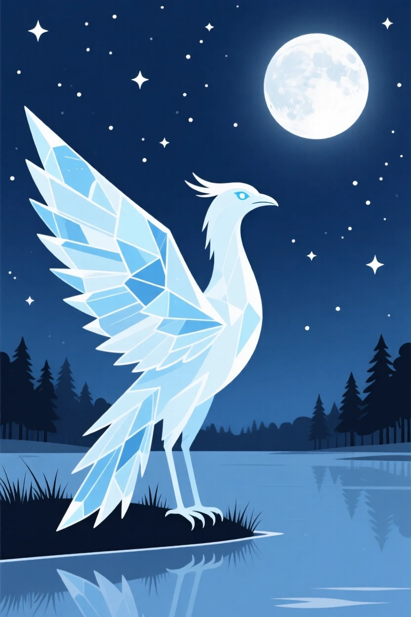 An ice phoenix watching the stars near a moonlit clearing.