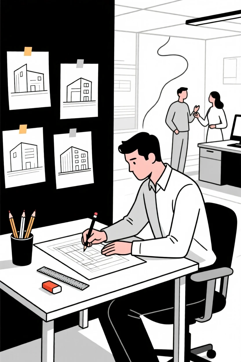 A focused architect working at a busy newsroom, surrounded by art supplies and sketches, expressing collaborative energy.