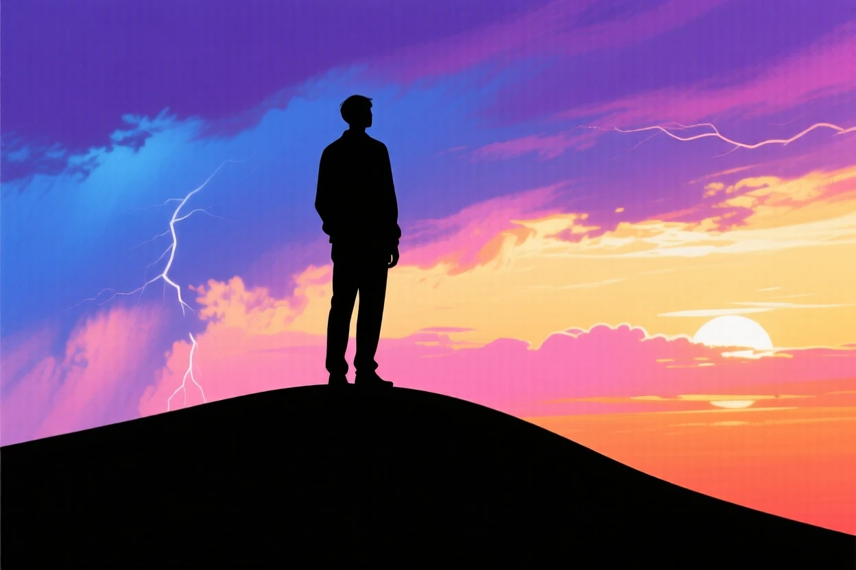 A lone figure standing atop a hill, watching a distant storm clear.