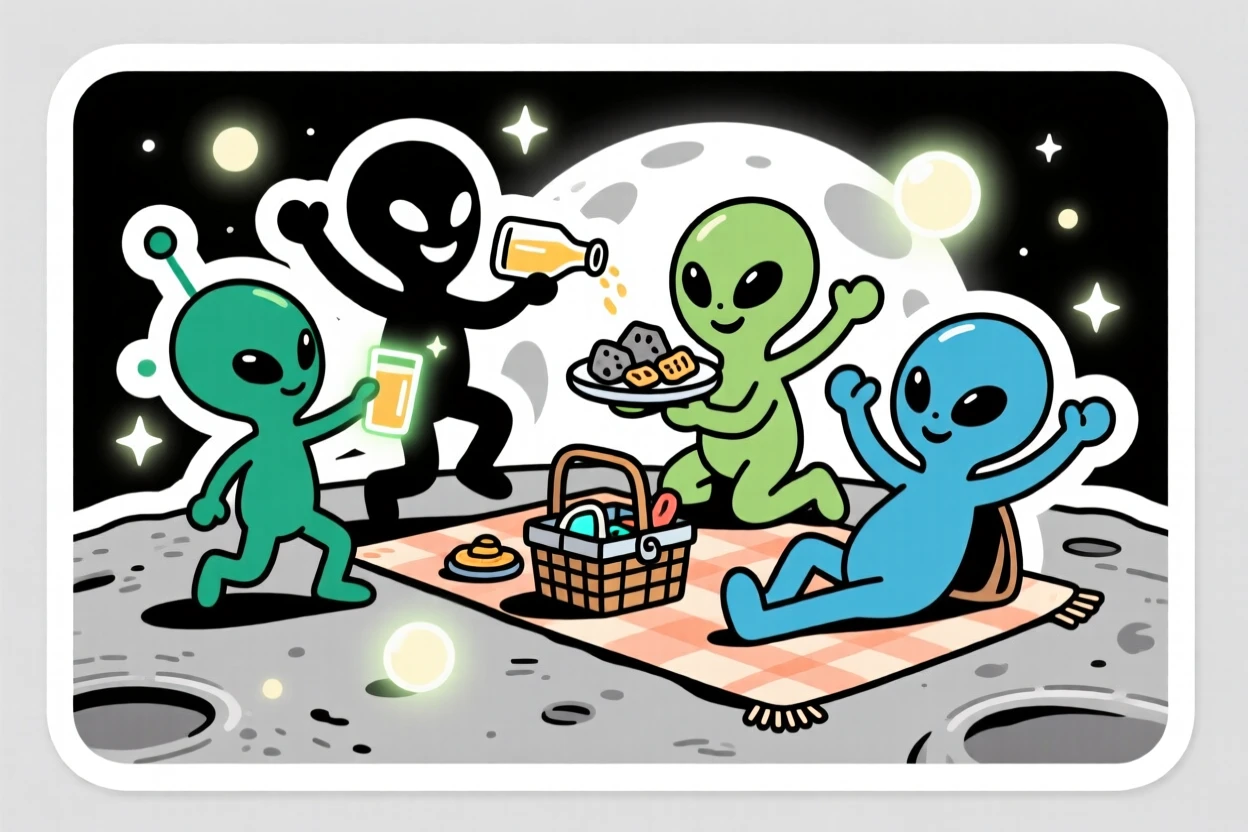 A dynamically posed group of tiny aliens having a picnic on the moon, surrounded by glowing special effects, in a world full of wonder and imagination.