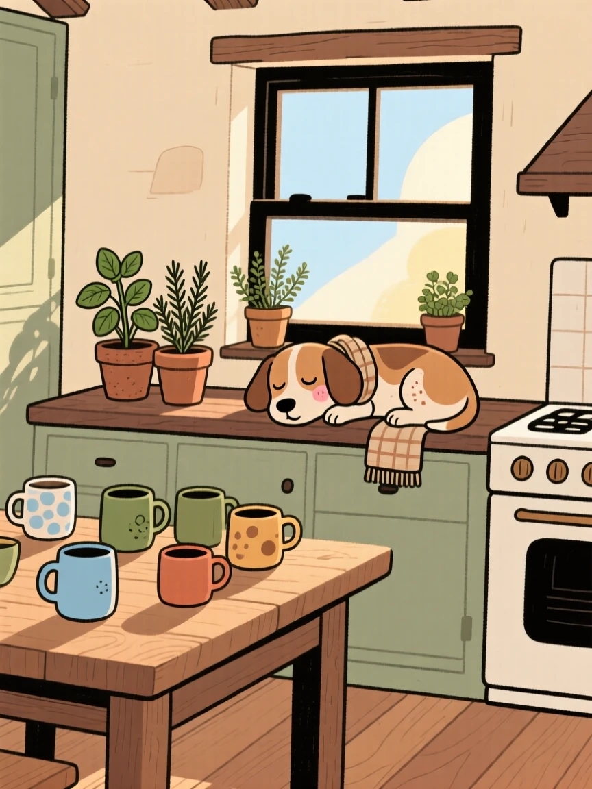 Morning light spills across a small farmhouse kitchen filled with potted herbs and mismatched mugs, where a old dog naps peacefully on the windowsill.