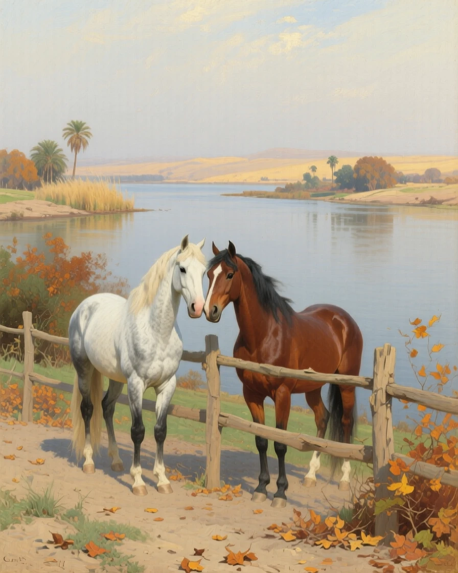 A broad landscape view of a pair of horses nuzzling over a wooden paddock fence, along the Nile in Egypt, in the quiet stillness of midwinter, amid swirling autumn wind.