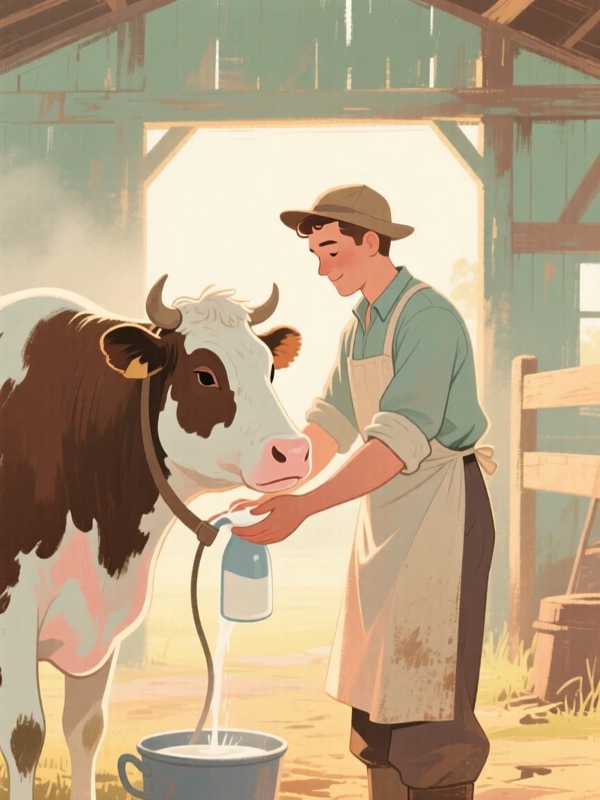 A dairy farmer milking a cow by hand in an early morning barn