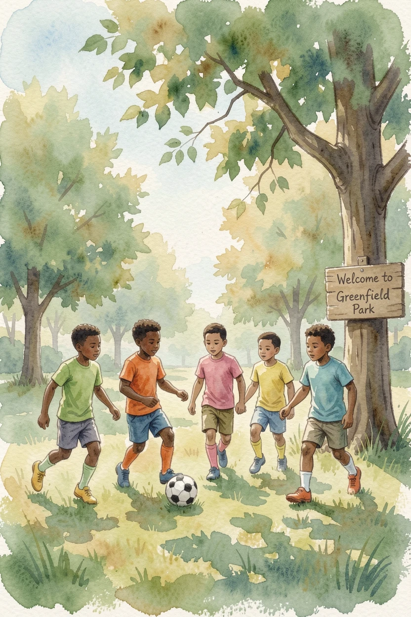 A group of kids playing soccer in a park with focused, peaceful concentration.