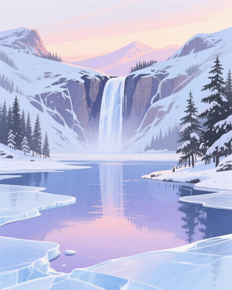 A breathtaking view of a frozen alpine lake in the soft glow of dusk, with a waterfall cascading in the distance