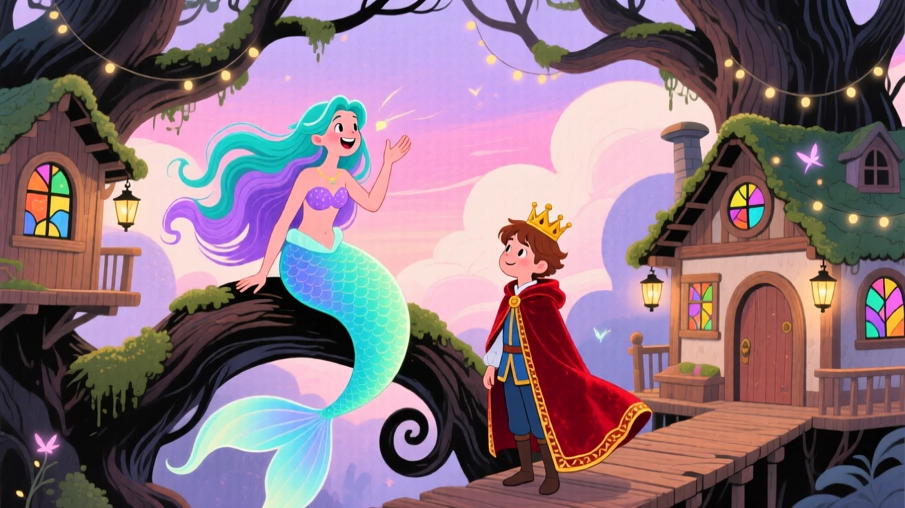 A singing mermaid guiding a young prince in a velvet cloak through a magical treehouse village.