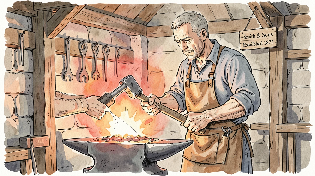 A blacksmith hammering glowing metal at a rustic forge, a quiet sense of skill and patience throughout the scene.