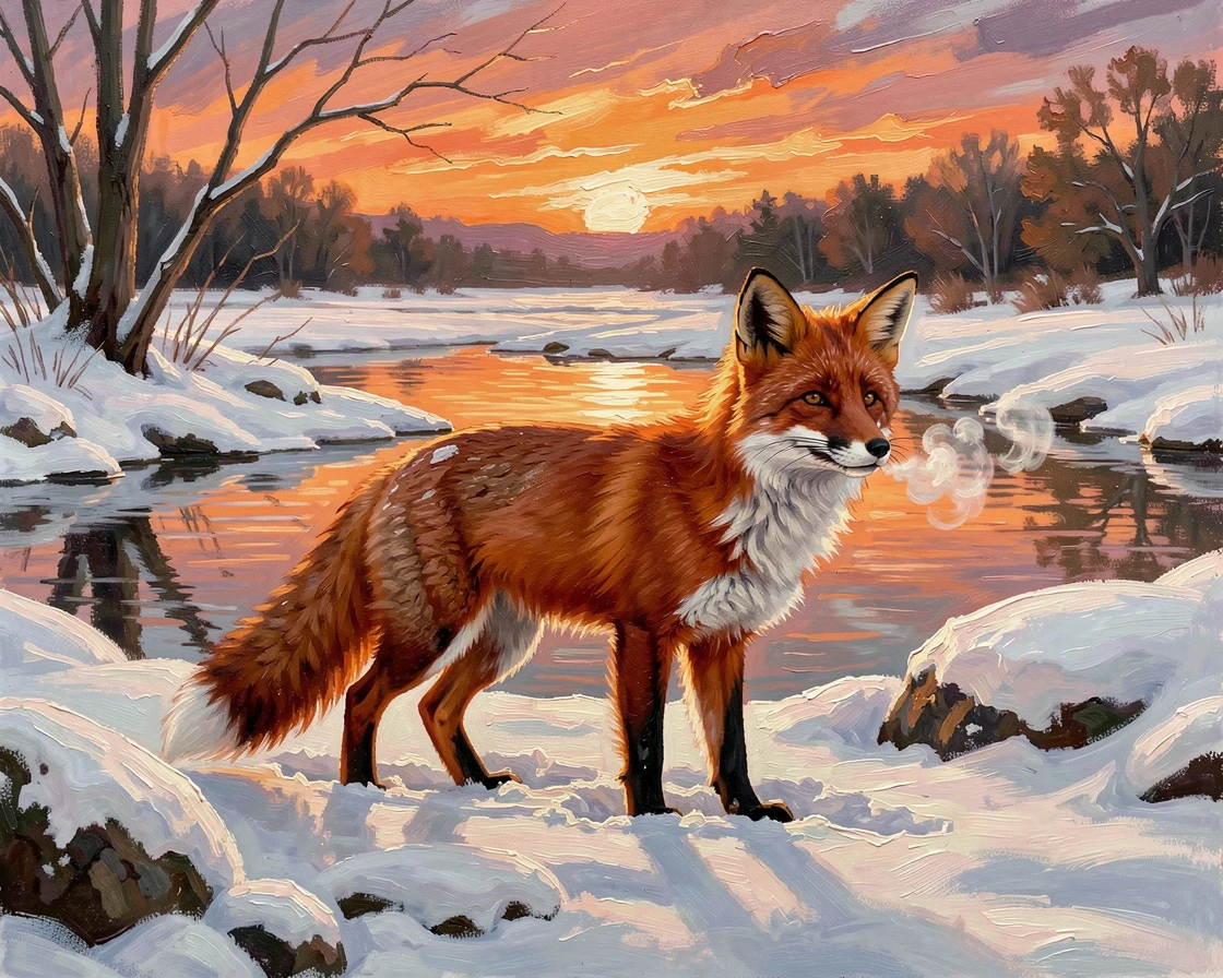 Beside a watering hole at dawn, a red fox trotting through freshly fallen snow, its breath forming small clouds in the cold air, at sunset, the sky glowing orange behind the silhouette.