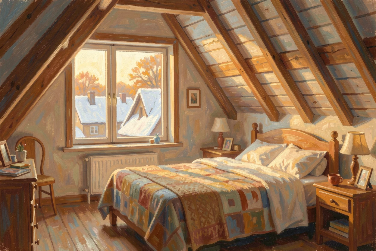 A cozy attic bedroom with a slanted window overlooking snow-covered rooftops at dusk, in the golden days of autumn, filled with warmth and nostalgia.