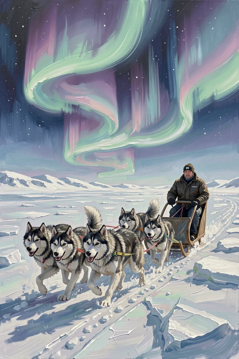 A dog sledding team races across a frozen Arctic landscape, huskies pulling hard beneath a sky glowing with the aurora borealis, a quiet sense of accomplishment visible in the posture and expression of those involved.