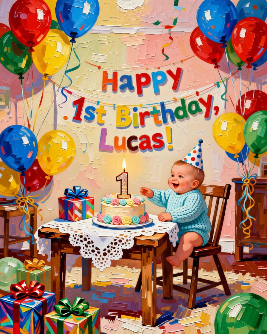 A baby's first birthday party with a small cake and a room full of balloons