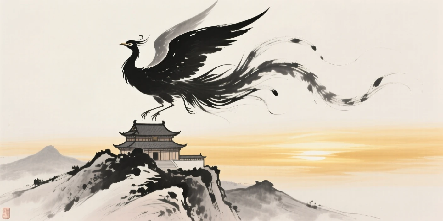 A phoenix rises above a mountain temple bathed in golden light, as golden light spreads across the horizon.