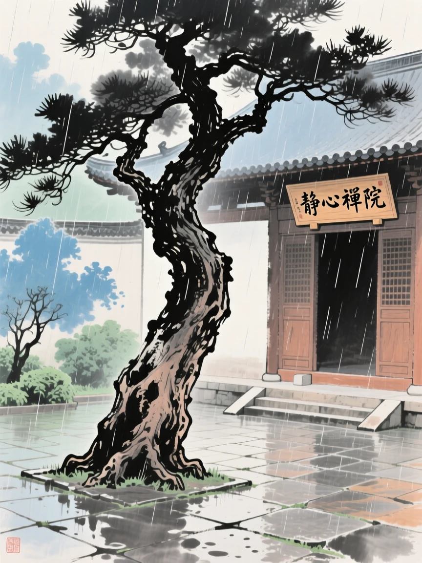 A temple courtyard shaded by a single ancient cypress, as summer rain begins to fall.