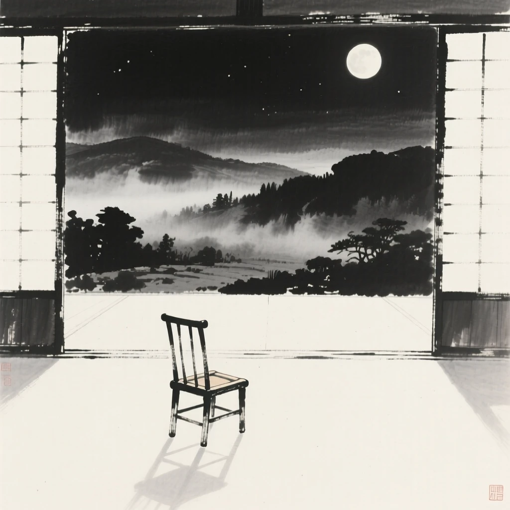 A quiet moonlit courtyard with a single chair as mist slowly lifts from the valley, composed with vast open space to emphasize solitude, capturing a fleeting, meditative moment of peace.