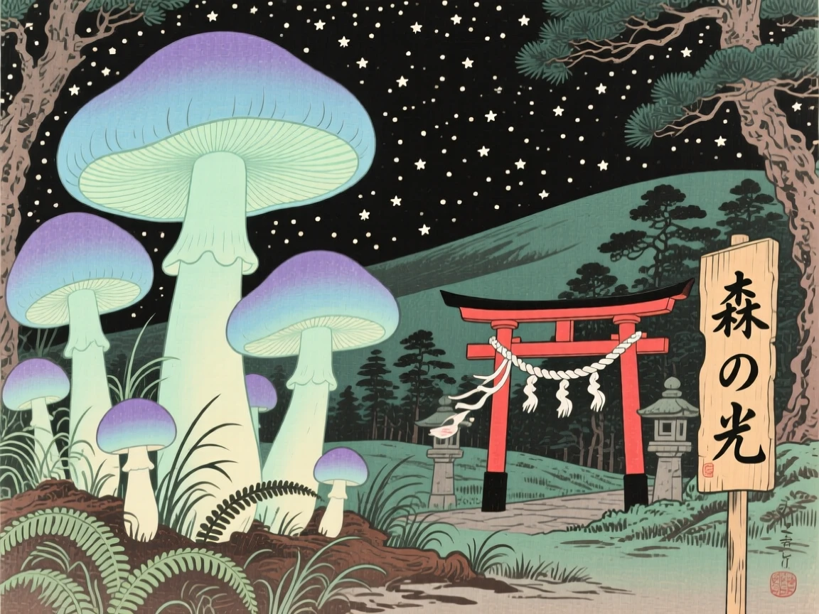 A forest of oversized glowing mushrooms, reaching toward a field of stars.