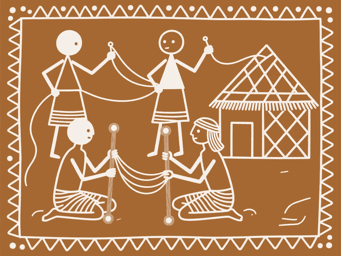 A group of farmers spinning thread on a simple wooden spindle.