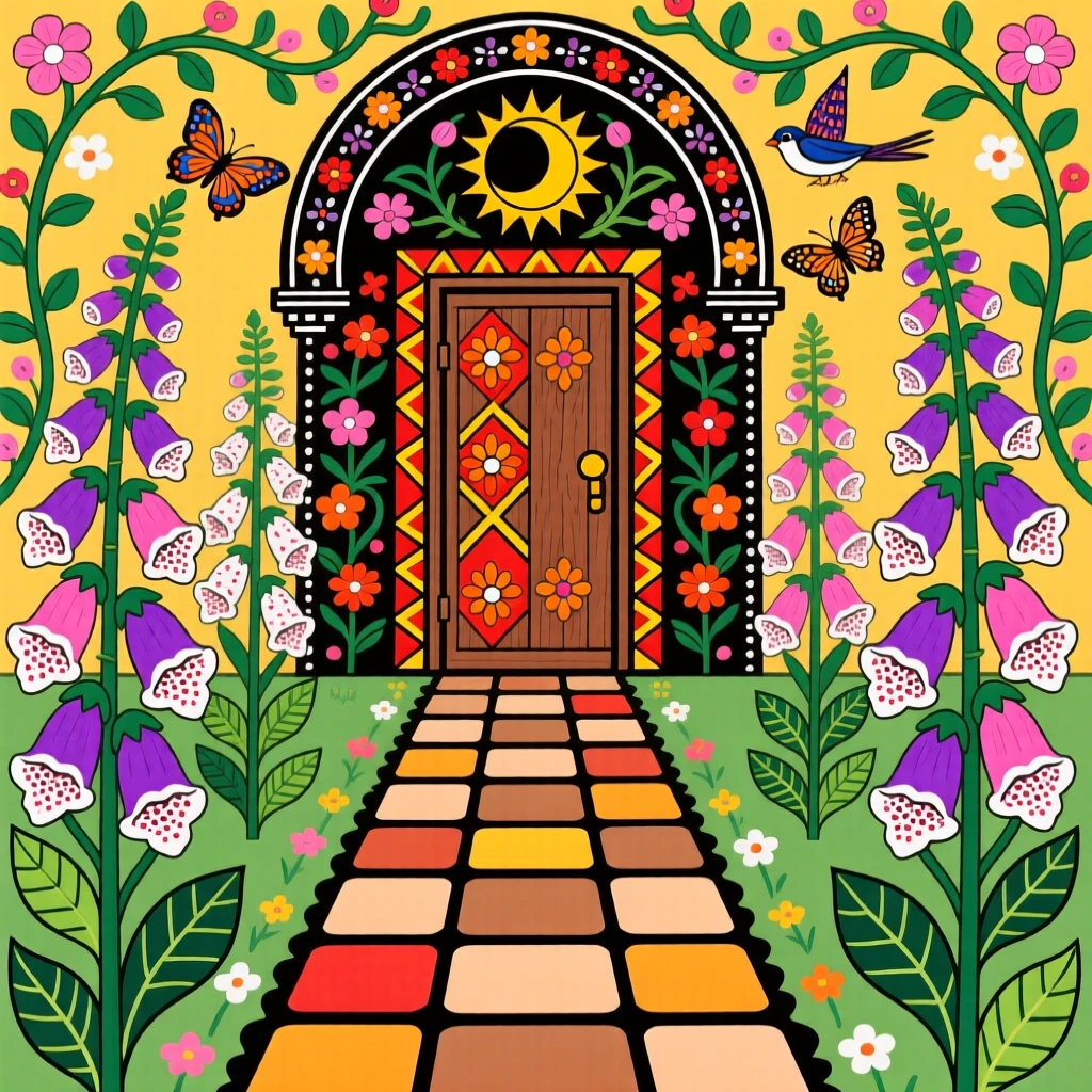 A garden path lined with foxgloves leading to a quiet cottage door.