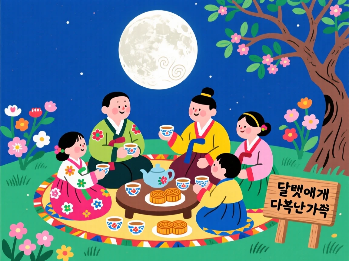 A quiet family gathering to share tea and mooncakes under a full moon.