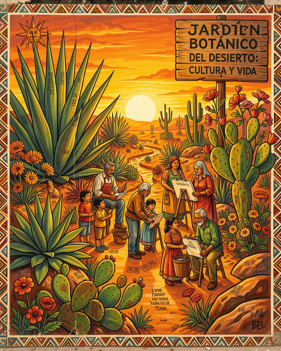 A desert botanical garden glowing at golden hour