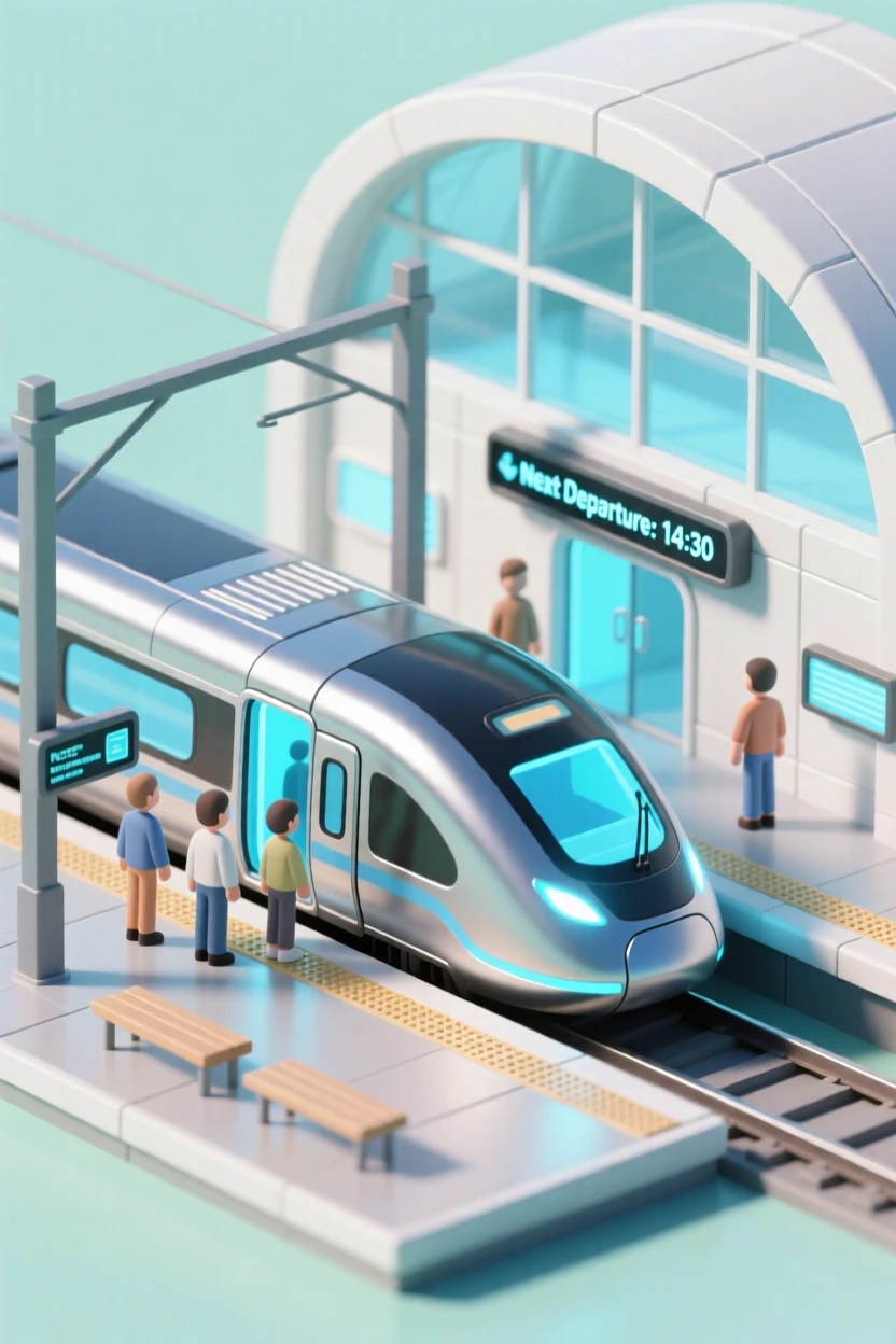A futuristic train station with a magnetic levitation train arriving silently, passengers boarding through glowing doors.