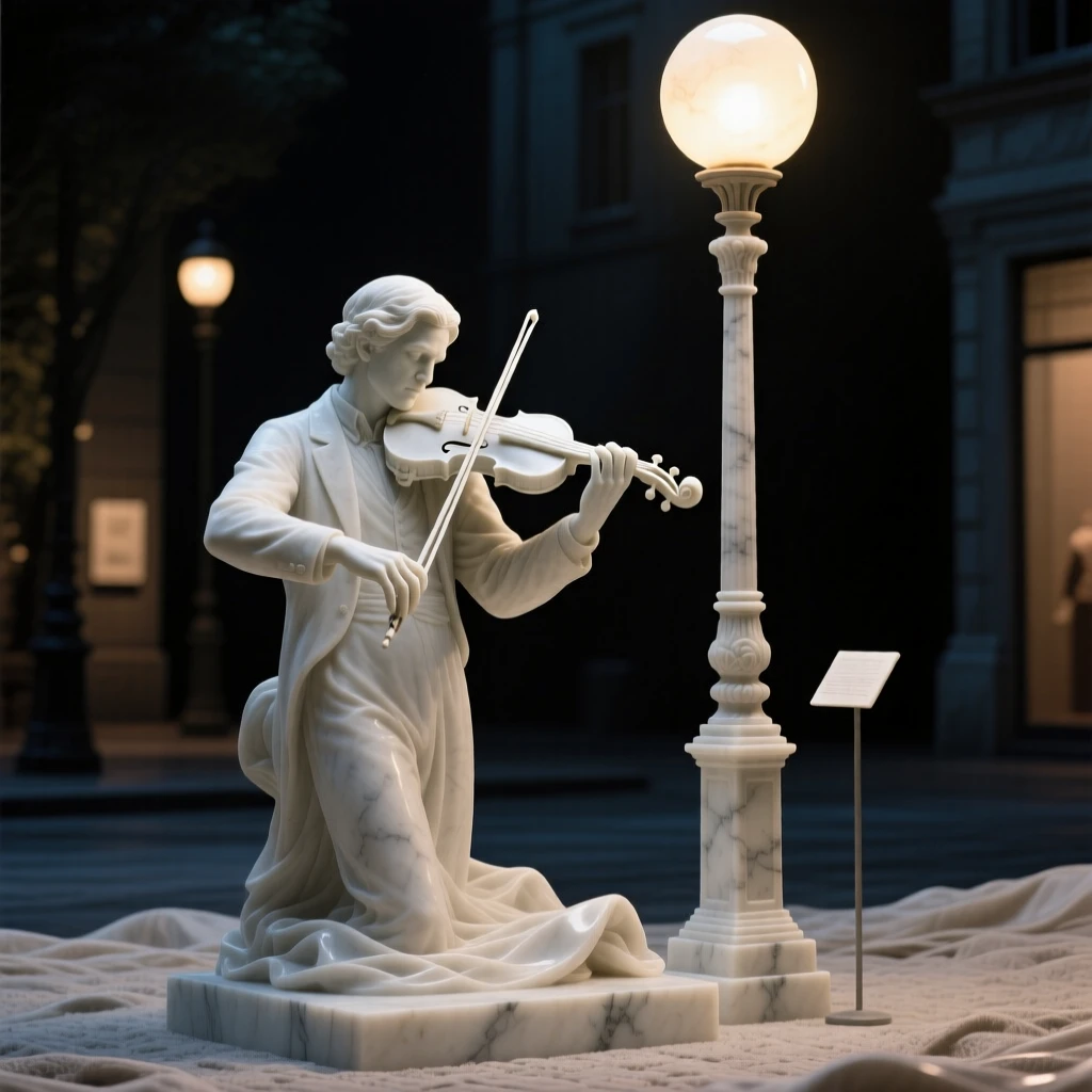 A vivid, emotionally rich scene of a violin player performing beneath a streetlamp, surrounded by soft, glowing light, designed to captivate and inspire