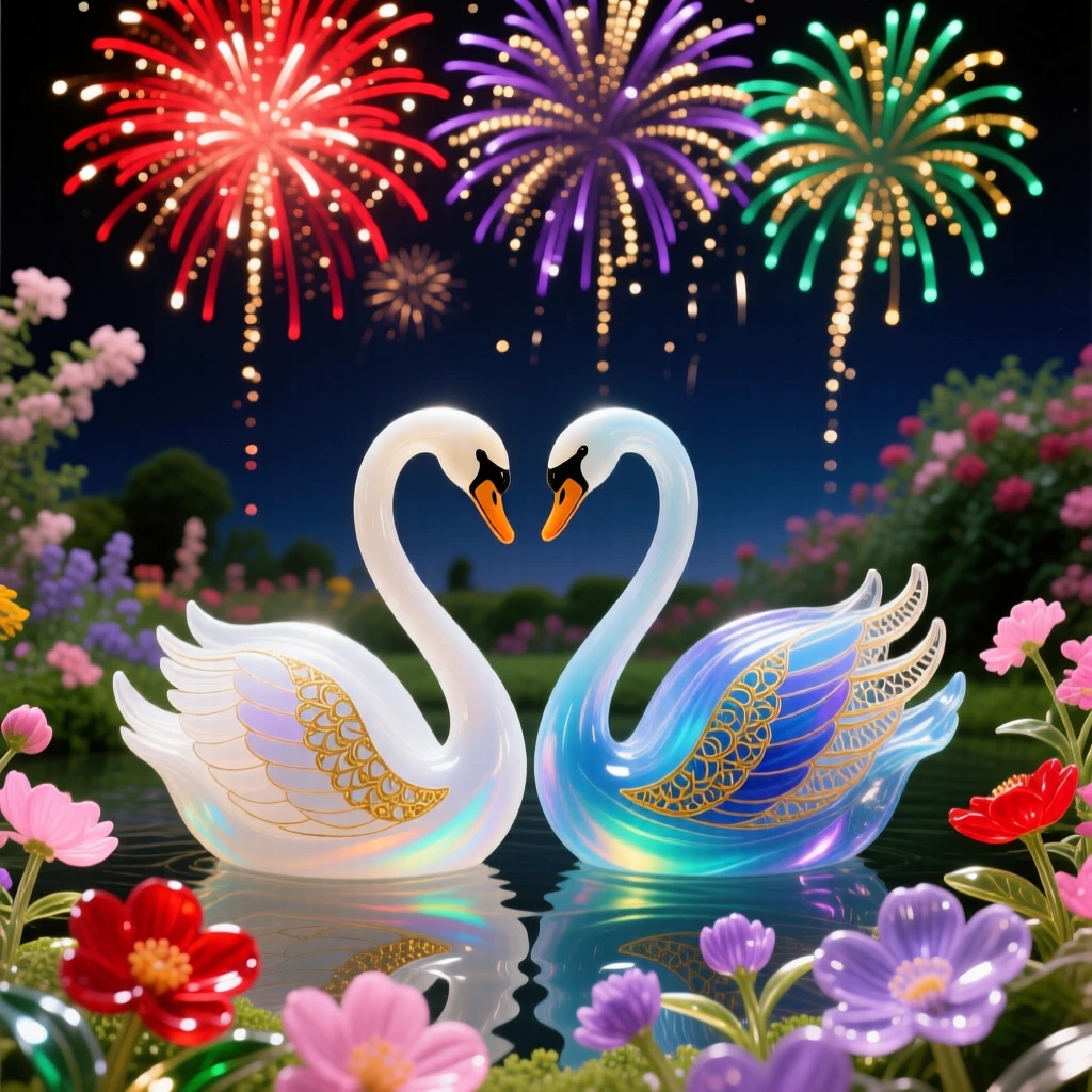 A pair of swans gliding beneath fireworks bursting above a blossoming garden, celebratory and dazzling.