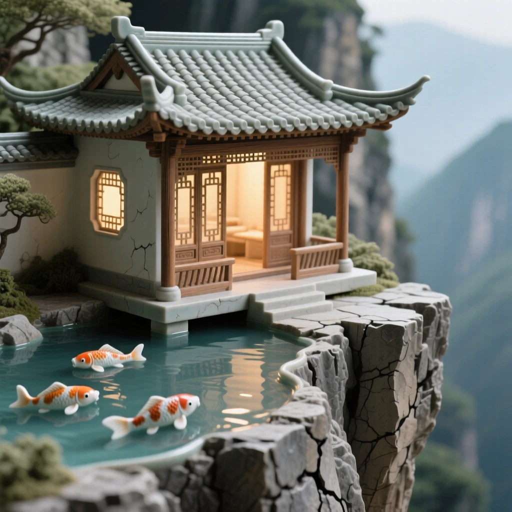 A garden pavilion beside a koi pond perched dramatically at the edge of a cliff, its windows glowing warmly from within, evoking timeless wonder and quiet grandeur.