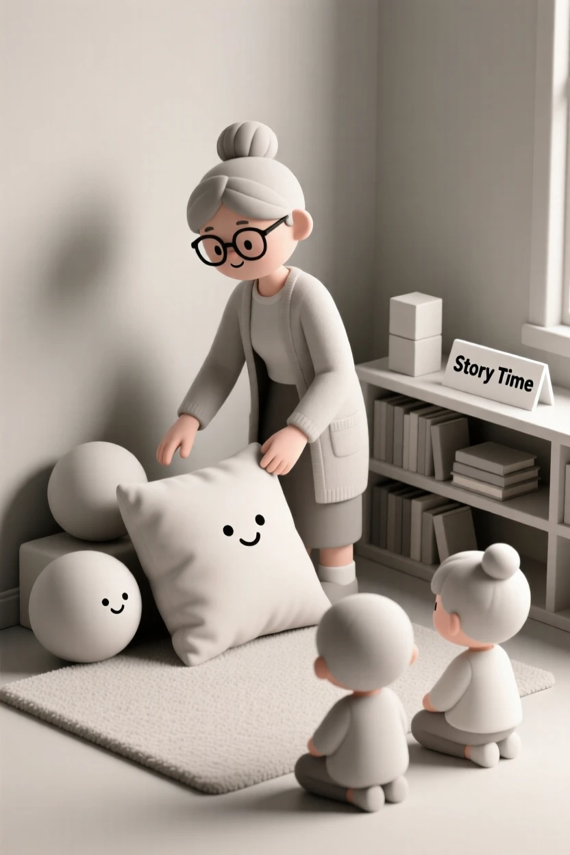 A gentle librarian sets up a cozy story-time corner with cushions and a rug for eager young listeners.