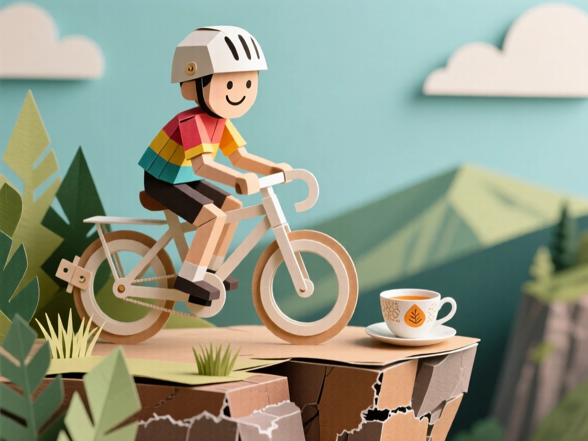 A cheerful cyclist perched on a scenic cliffside overlook, with a cup of tea resting close by, capturing mindful, patient craftsmanship.