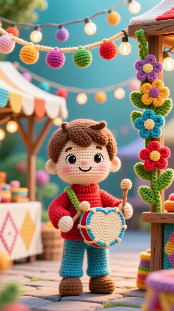 A festive cultural scene of a small boy carrying a small drum shaped like a heart for a love and friendship festival, playing a cheerful beat within a festive market street strung with colorful decorations; a garland of woven flowers draped nearby nearby, full of the cheerful spirit of a beloved tradition.