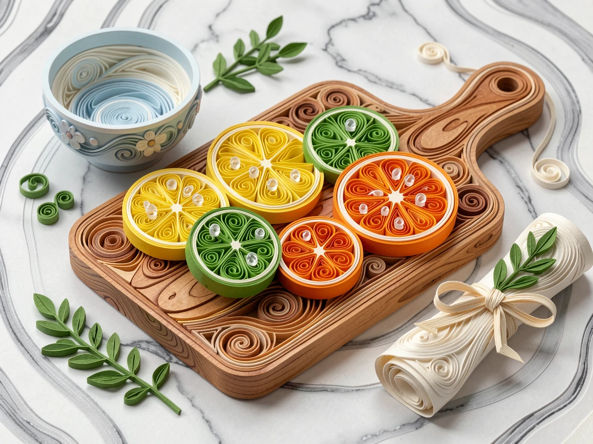 A cozy still life of a wooden cutting board with sliced citrus fruit on a marble countertop in a modern kitchen, with glistening droplets of morning dew, arranged with complementary props scattered around.