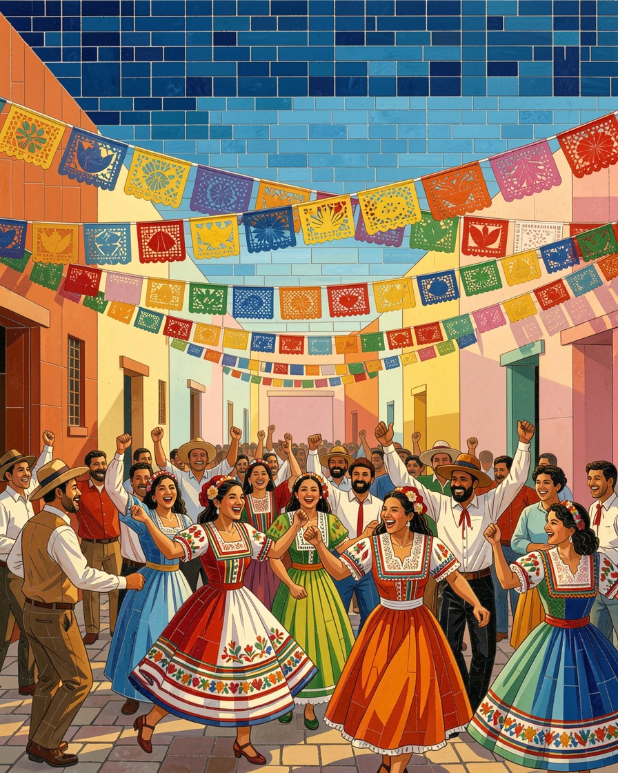 A lively street festival in Mexico with papel picado banners overhead.