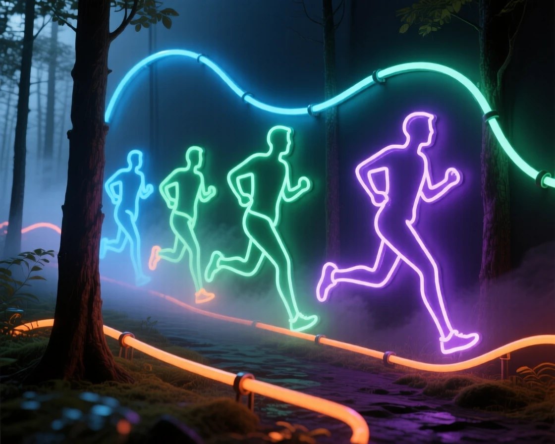 A group of trail runners moving through a misty forest path.