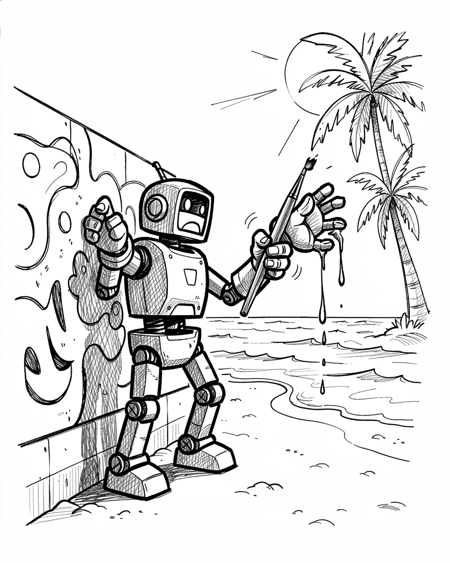 A robot painting a mural on a wall beside a sandy beach at midday.