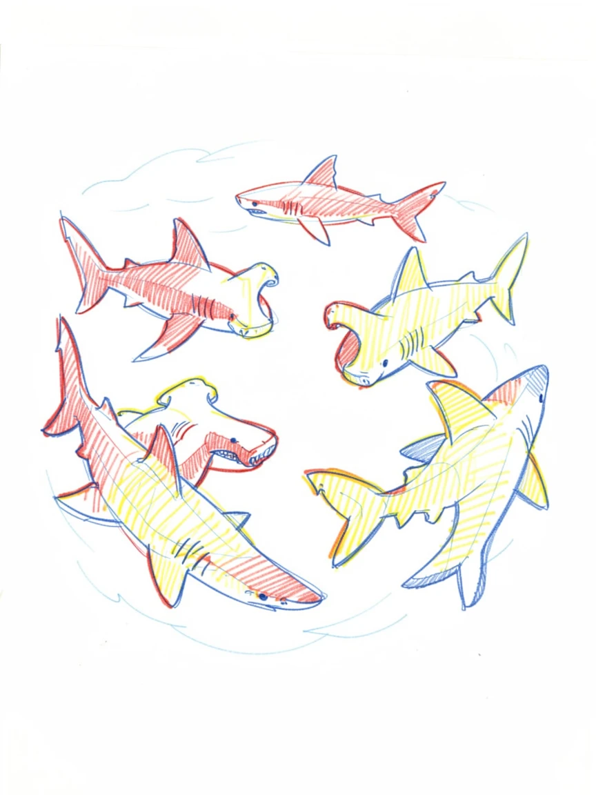 A hammerhead shark school circling slowly in deep blue water