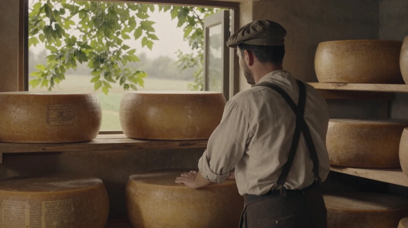 A traditional cheesemaker turning wheels of aging cheese in a cellar, in dappled light filtering through leaves, under a light drizzle, in the height of summer, with a soft sepia-tinted glow, from behind, looking toward the horizon.