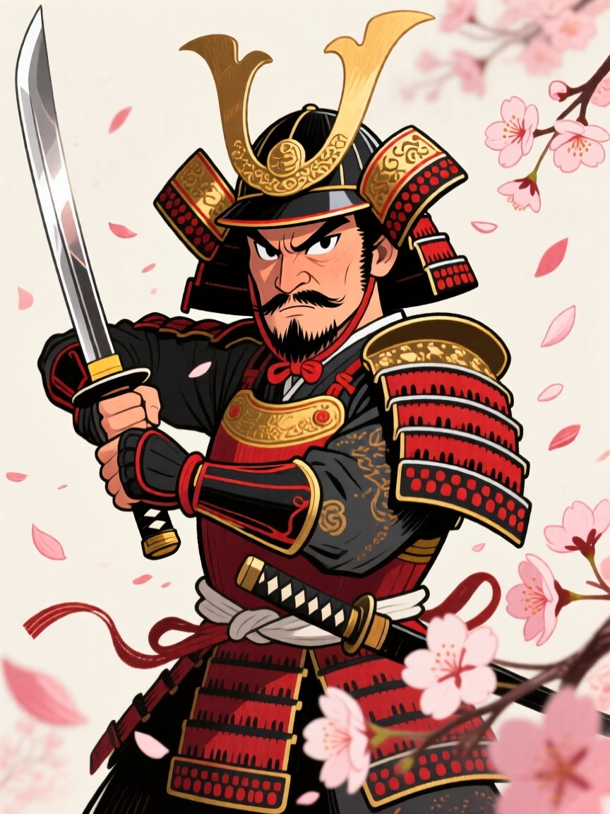 A samurai warrior standing poised with a katana, cherry blossoms falling around him.