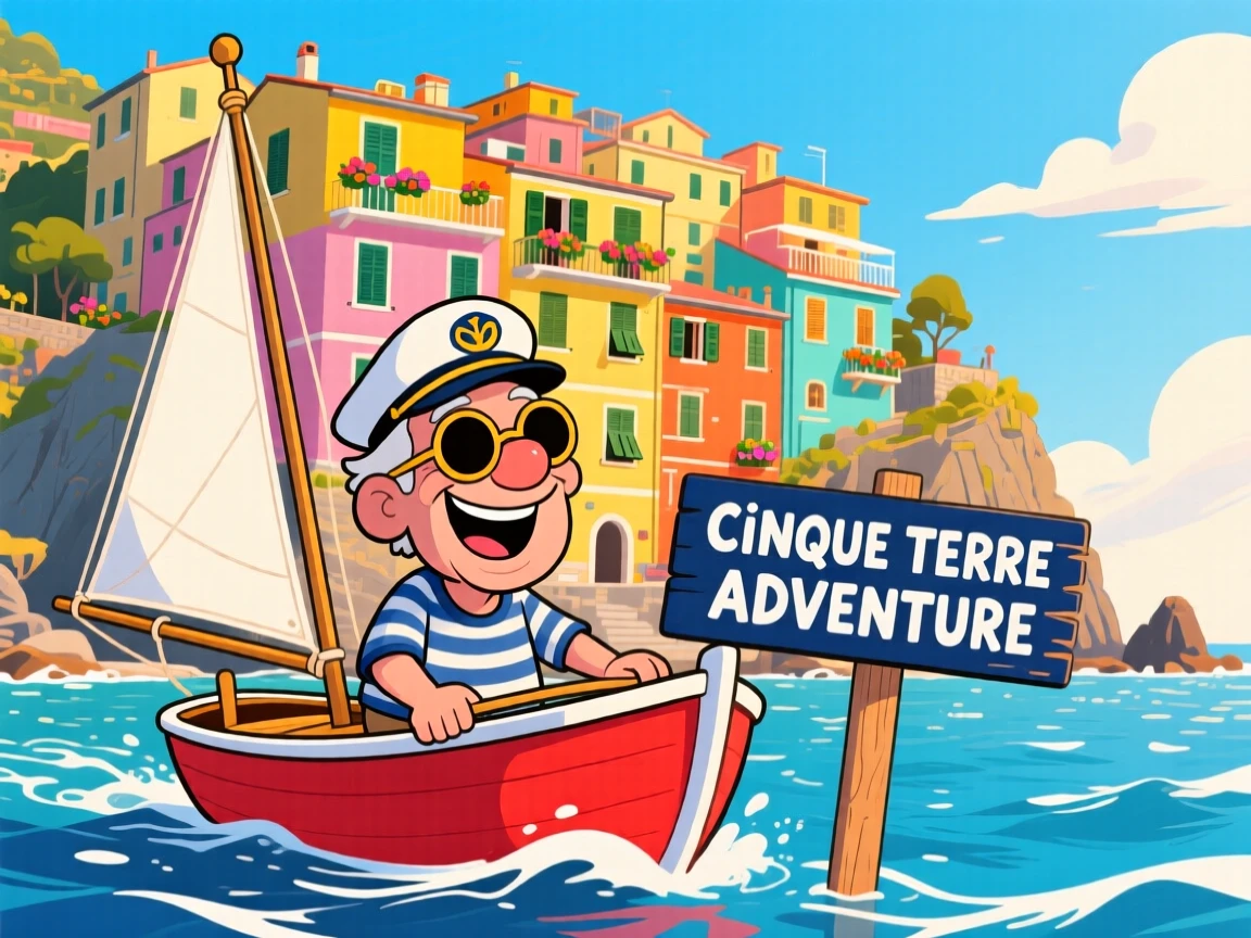 An iconic travel scene featuring an adventurous retiree sailing past the colorful houses of Cinque Terre, as the golden afternoon light glows around them.