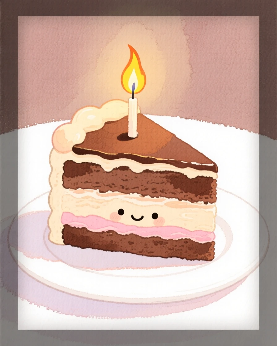 A cozy, appetizing, soft and dreamy scene of a slice of layered chocolate cake with a single lit candle