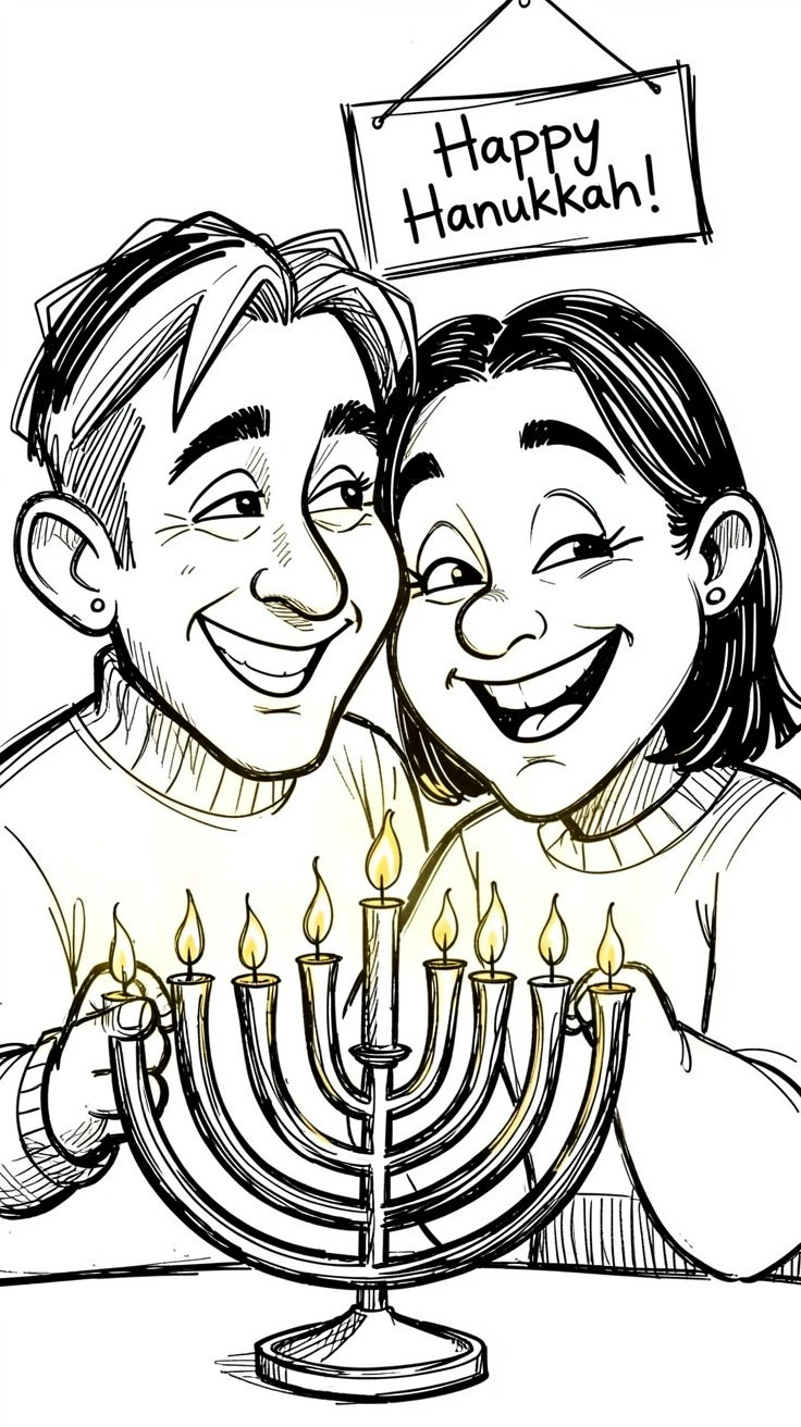 [Seasonal Holidays & Celebrations] Festive scene of a cozy couple lighting a menorah together, full of celebration and joy