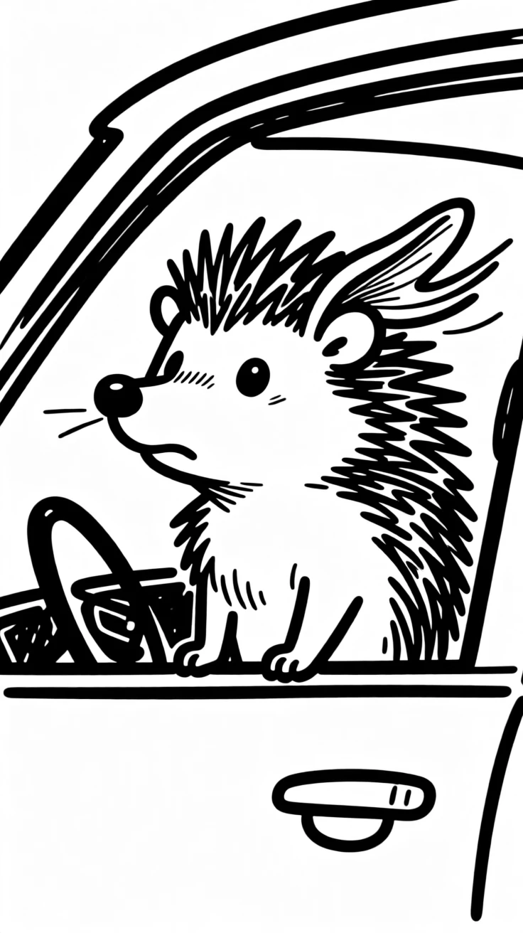 A hedgehog sitting attentively in a car window, ears flapping in the breeze.