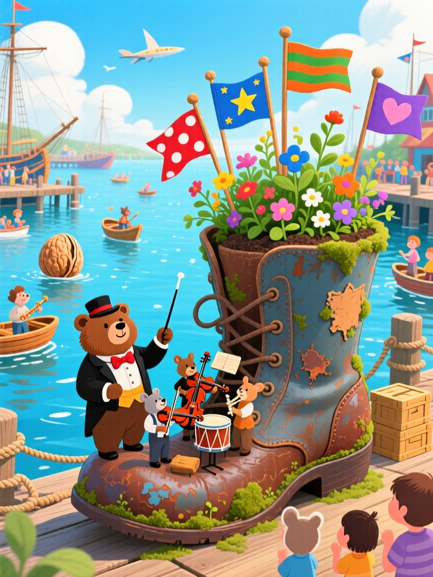 In a bustling harbor for walnut-shell boats, a bear conducting a tiny orchestra spends the day growing a garden inside an old boot, with tiny flags fluttering in a light breeze.