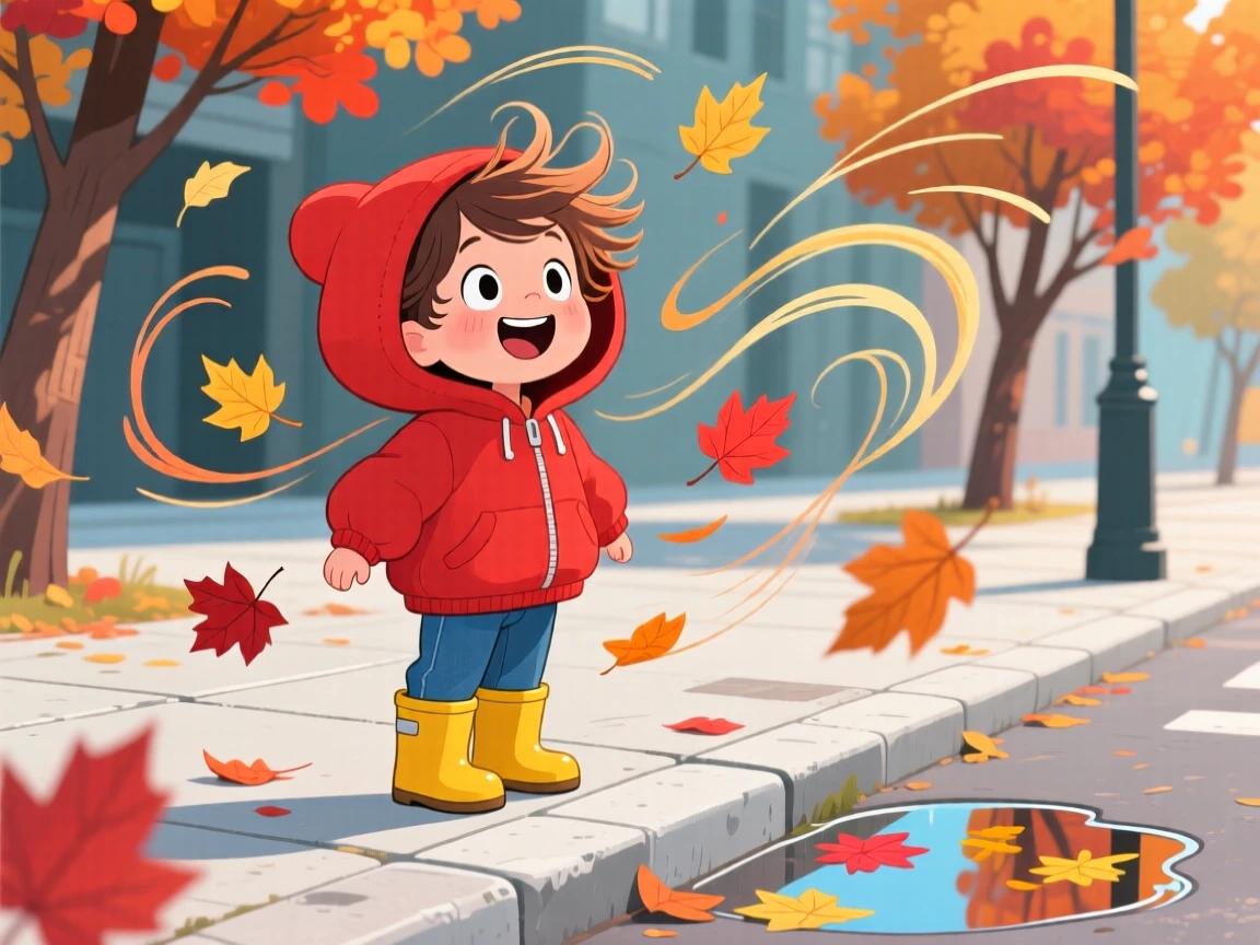 Autumn wind swirling leaves around a child on a sidewalk.