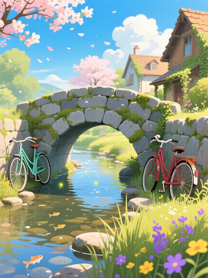 A stone bridge crossing a slow-moving village stream, with bicycles leaning against a low stone wall, under a warm afternoon sun.