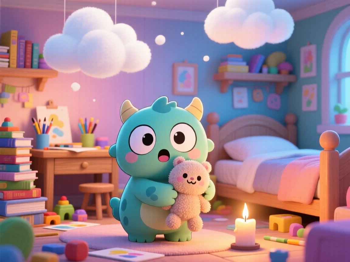 In a cluttered cozy bedroom, a tiny googly-eyed monster is hugging a stuffed toy monster beneath fluffy drifting clouds, bathed in gentle candlelight, expression full of gentle surprise. Shot as a waist-up portrait.